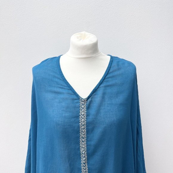 Toast Ladies One Size Aqua Teal Kaftan Beach Cover 100% Cotton Embroidered Flowy - Picture 2 of 8